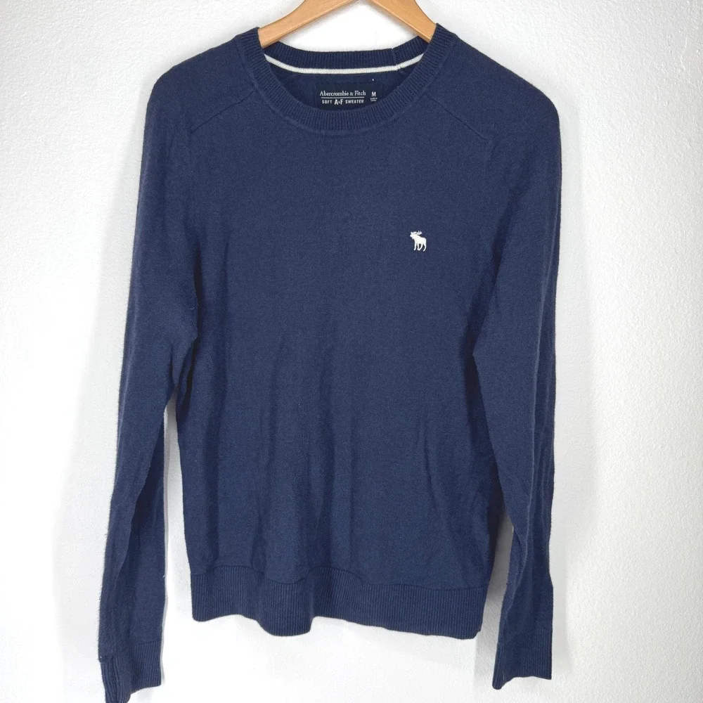 Abercrombie Fitch Mens Navy Cotton‎ Cashmere Crewneck Sweater Medium Moose Logo